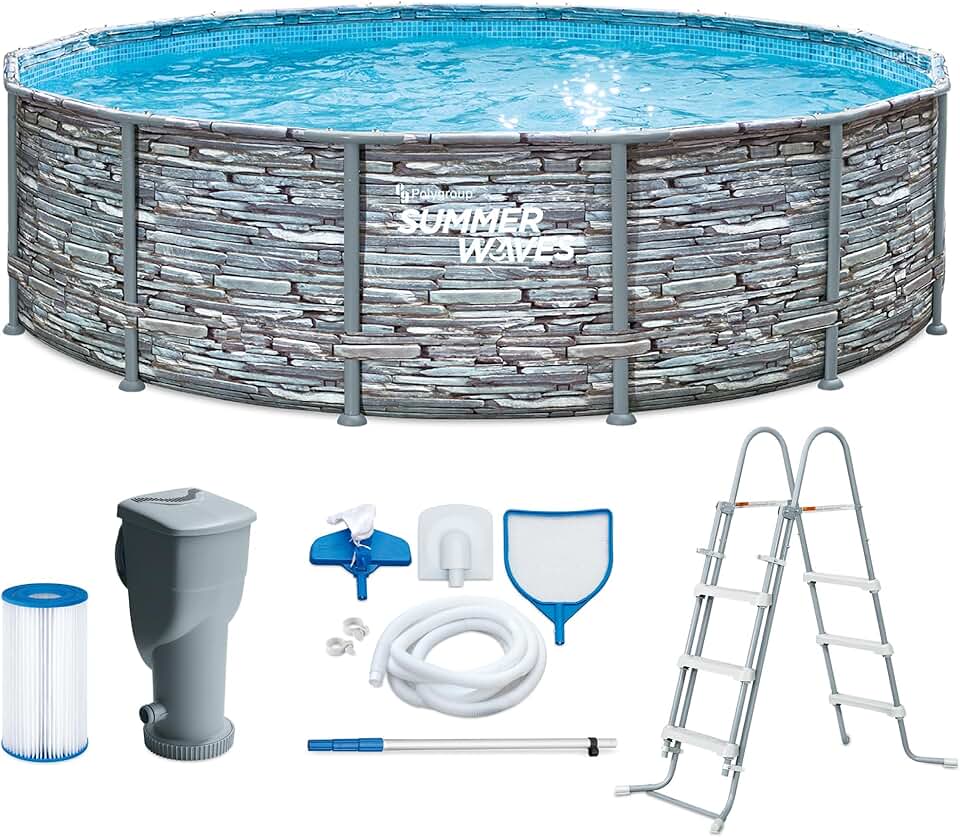 karaca-alisveris - Frame Pool Kit rond - 427x107 cm - aspect pierre grise, pompe à filtre