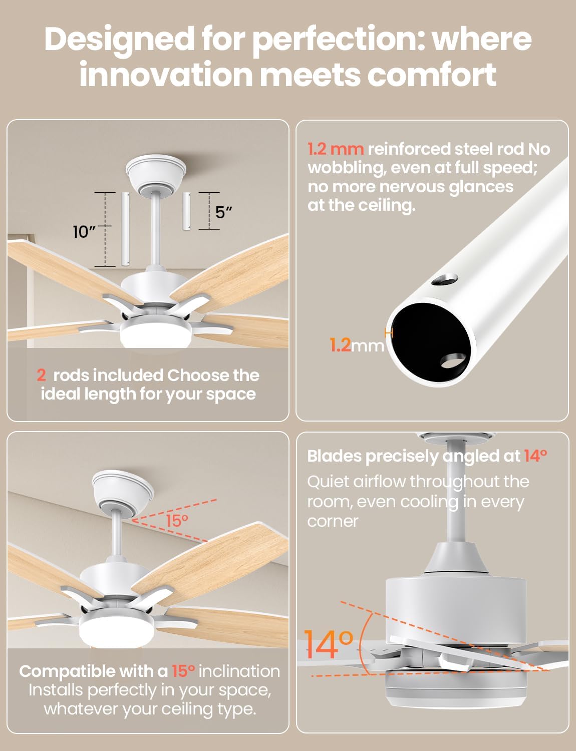 Silencieux Ventilateur Plafond avec Lumiere et Telecommande, 106cm Dimmable Lampe Ventilateur Plafond LED avec 5 Pales Doubles, Bois Clair/Blanc pour Chambre, Salon, Minuterie, 6 Vitesses