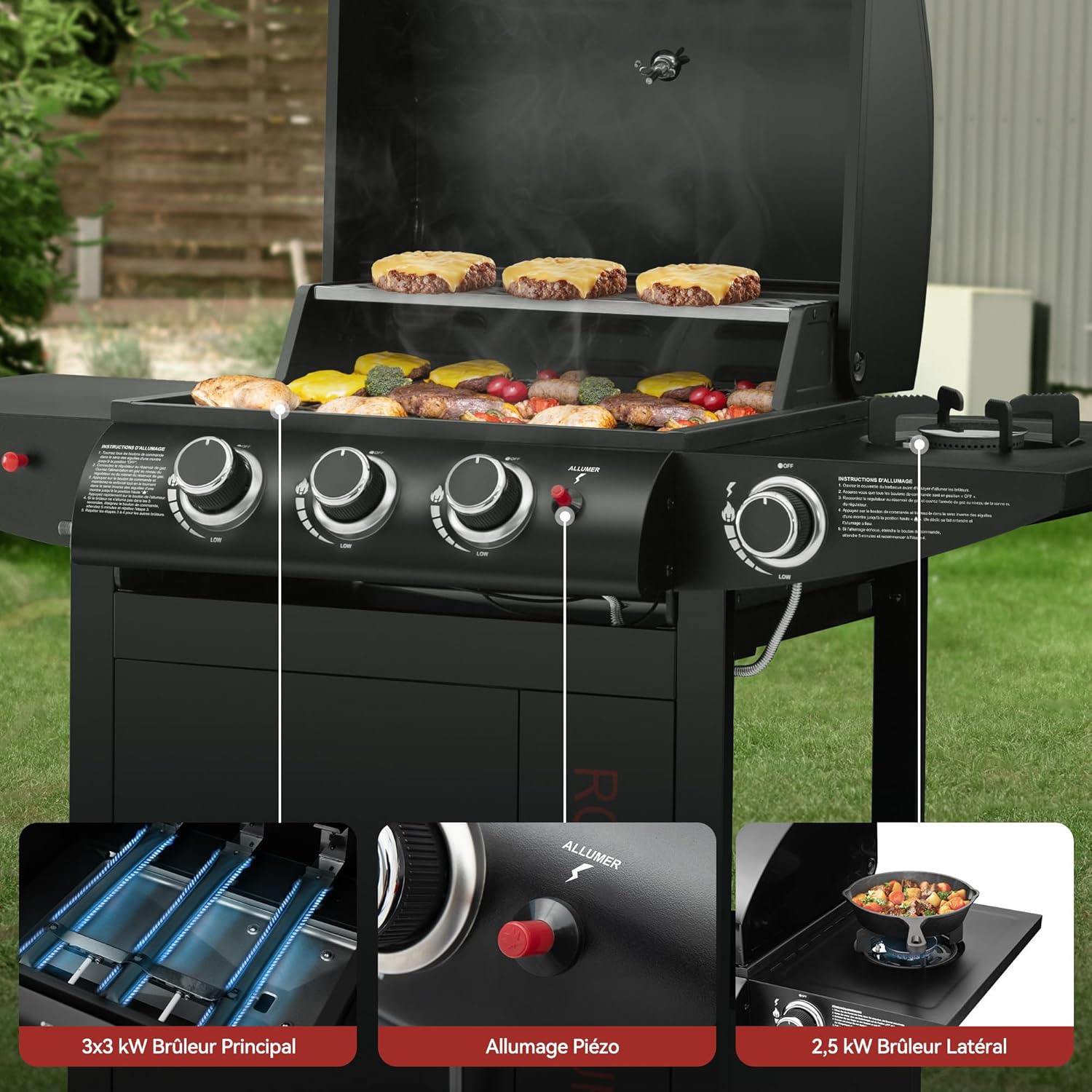 karaca-alisveris - barbecue gaz 3+1 brûleurs inox - 11,5 kW - chariot, 2 roues, thermomètre