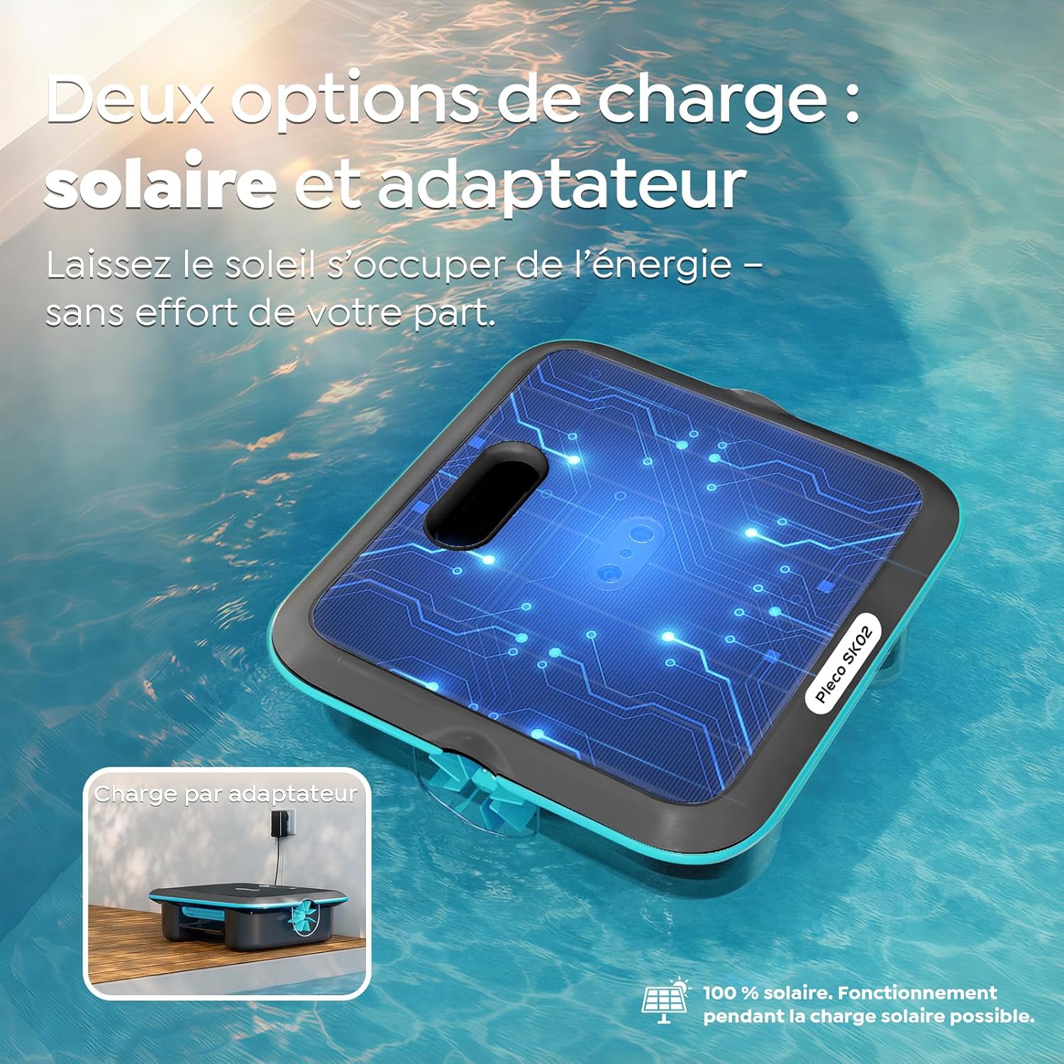 Robot skimmer piscine solaire sans fil, contrôle app, double recharge, SK02