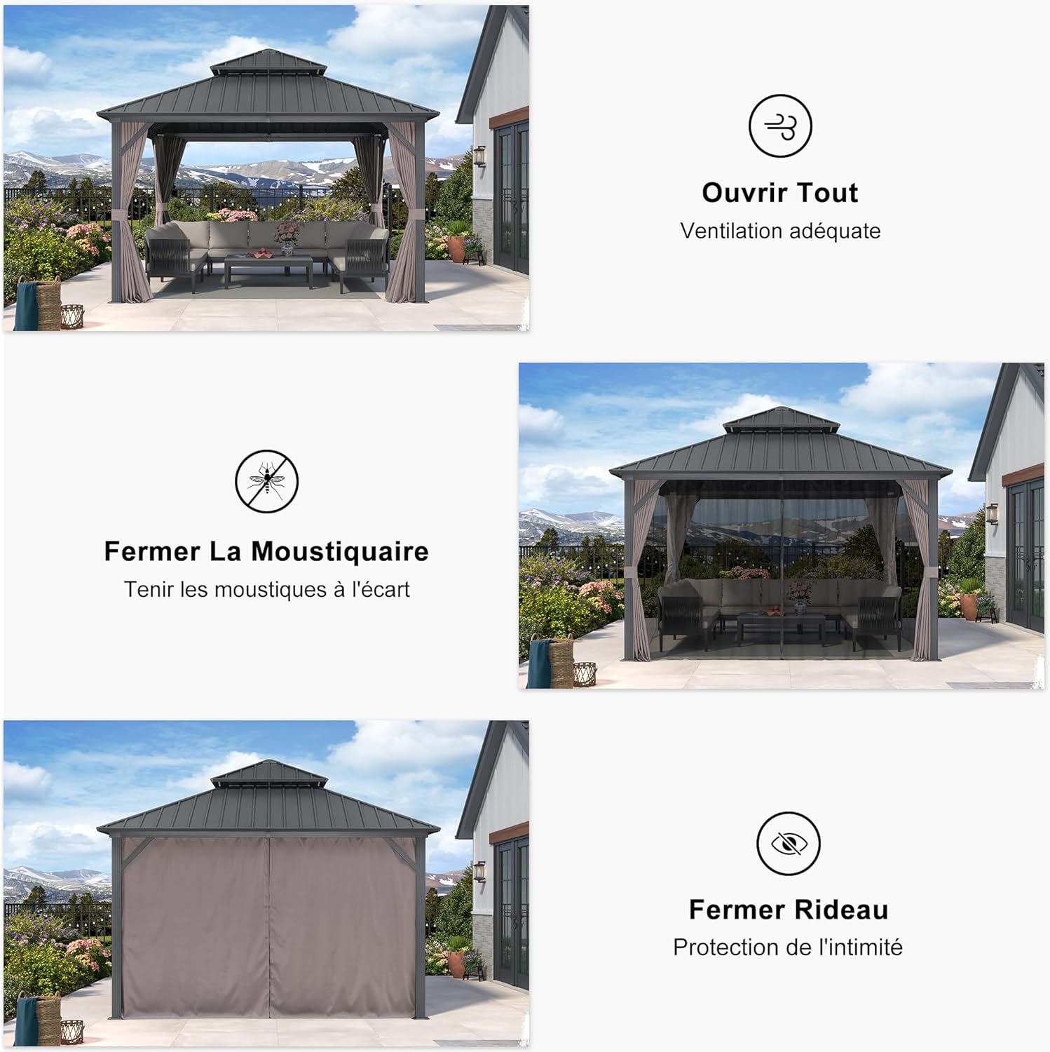 karaca-alisveris Tonnelle de Jardin Extérieur 3,65 x 3,65 m avec Guirlande Lumineuse, Pavillon Aluminium à Double Toit en Acier Galvanisé, Pergola Jardin Extérieur avec Rideaux pour Fête, Barbecue, Gris