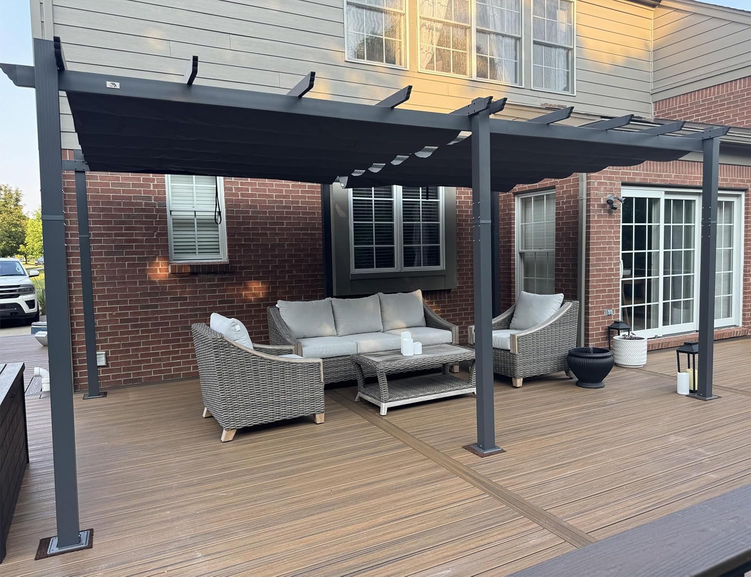 karaca-alisveris - Pergola Aluminium - 5,5 x 3,5 m - Toit coulissant, tissu teint en fil, gris