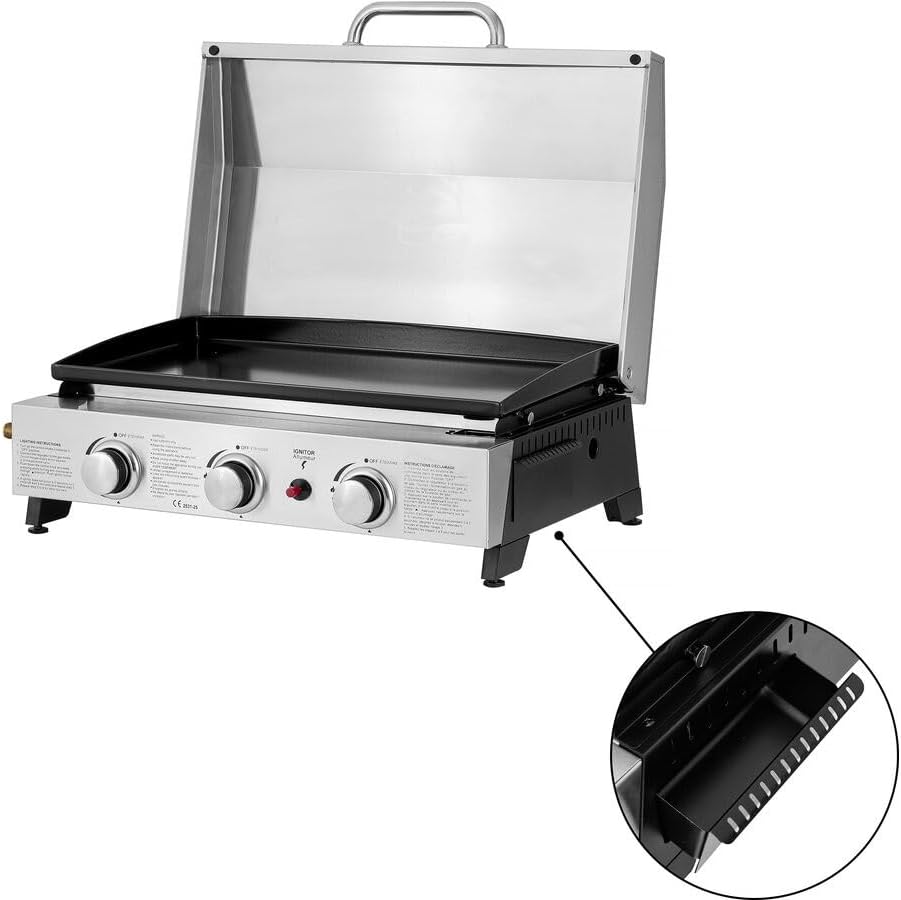 Fasto - Plancha 3 brûleurs 7,5 KW avec couvercle métal - Gris