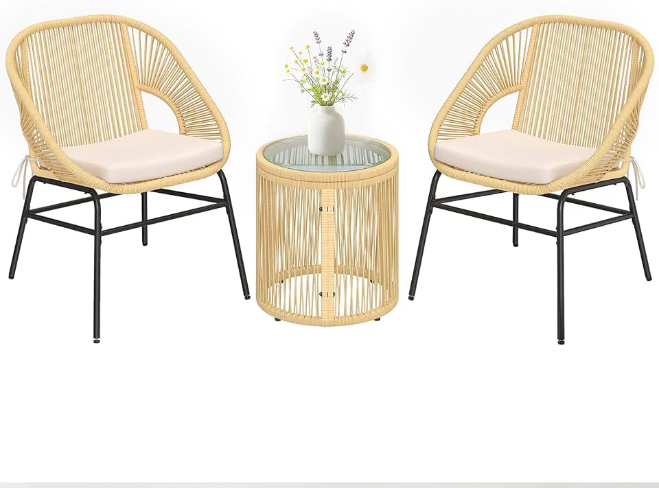 karaca-alisveris - ensemble bistro 3 pcs - fauteuils confort, table verre - coussins déhoussables, résine tressée, beige