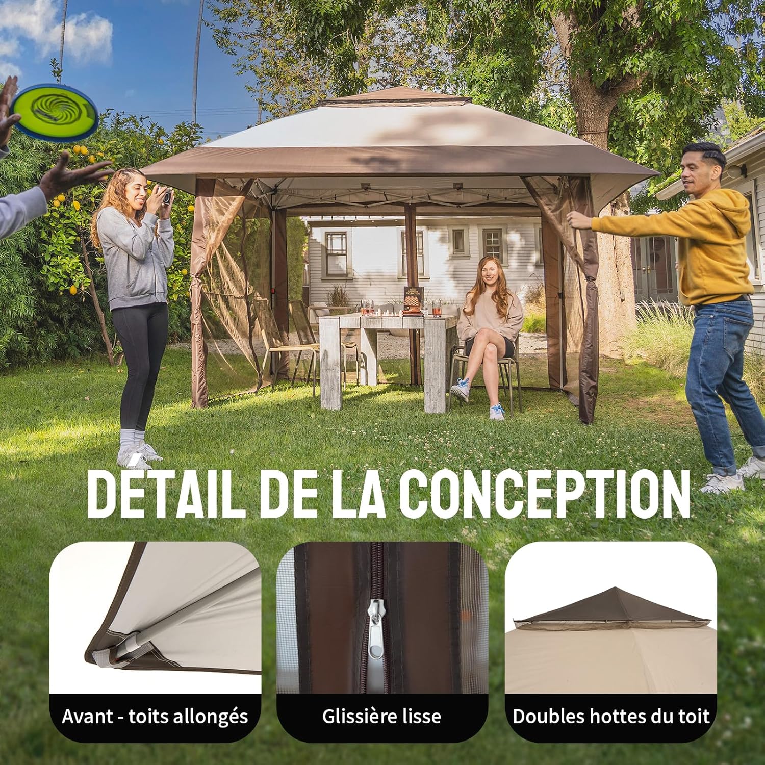 karaca-alisveris Tonnelle de Jardin 4 x 4 m, Pop Up Gezebo Exterieur Imperméable, Abri de Jardin Réglable en Hauteur, Double Toit avec Côtés en Maille Zippée, Sac de Transport, Beige
