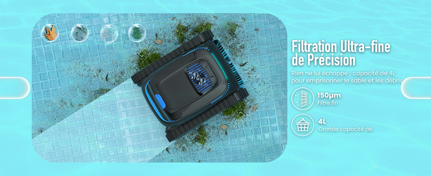 Le texte indique « Filtration ultra-fine de précision ». Appareil étanche bleu immergé dans l'eau de la piscine avec les spécifications de filtration affichées sur fond bleu clair.