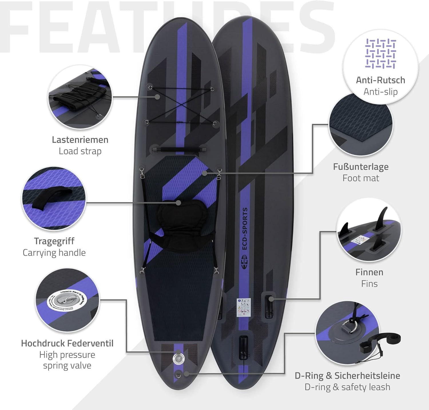 karaca-alisveris - Stand Up Paddle Gonflable - 305/308/320/380 cm - PVC, 120/150 kg, 10/15 cm