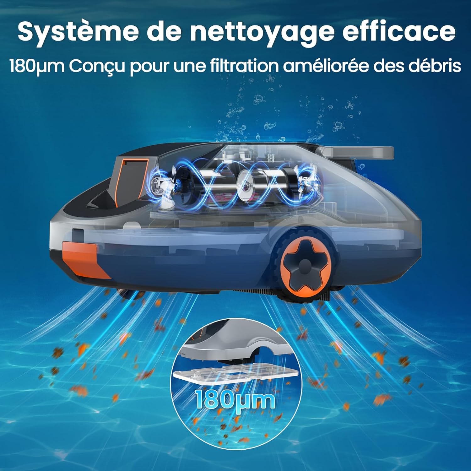 Robot piscine sans fil - compact, 200min autonomie, filtration fine, 232m²