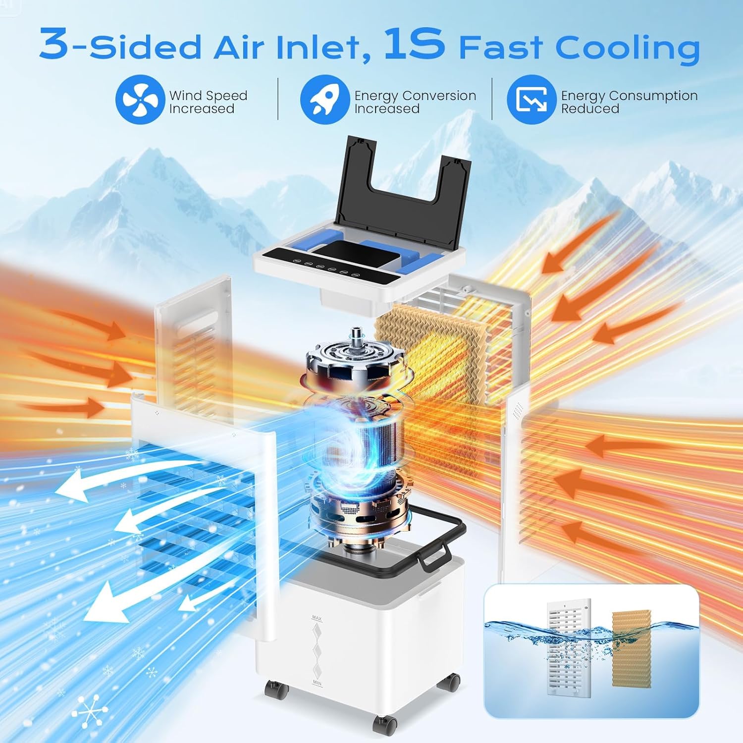 Climatiseur mobile 12L, 45W, 3 modes, minuterie, 6 vitesses, 60°/120°, 4 blocs glace