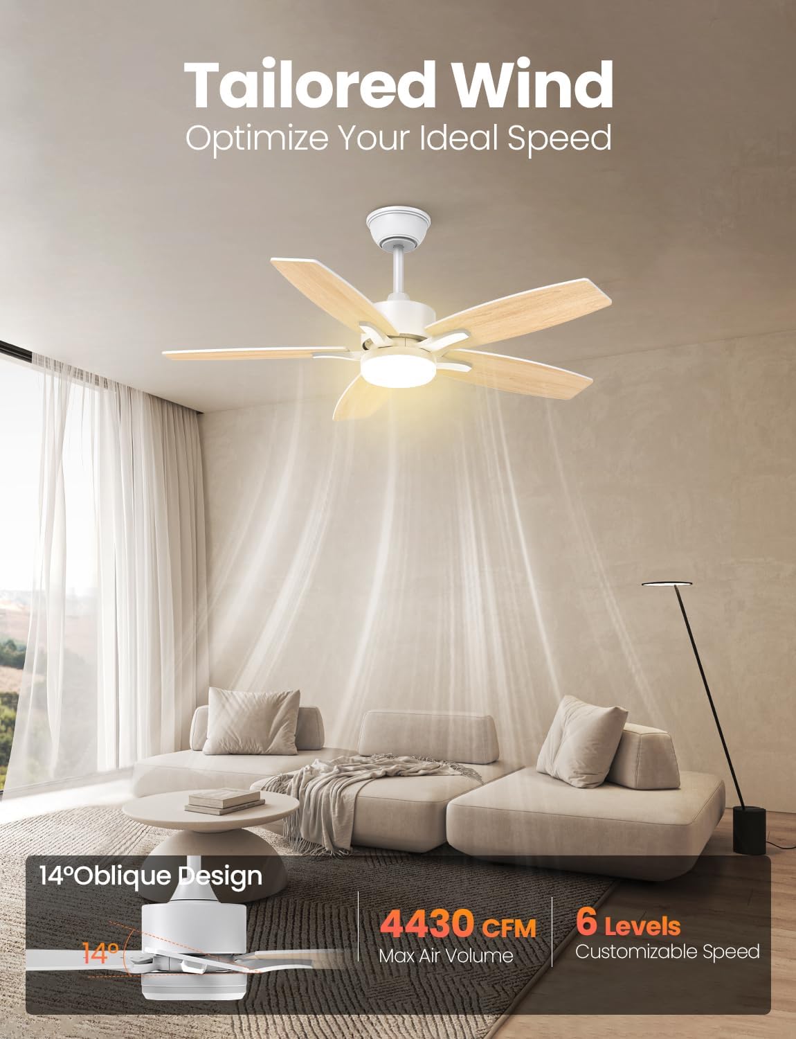 Silencieux Ventilateur Plafond avec Lumiere et Telecommande, 106cm Dimmable Lampe Ventilateur Plafond LED avec 5 Pales Doubles, Bois Clair/Blanc pour Chambre, Salon, Minuterie, 6 Vitesses
