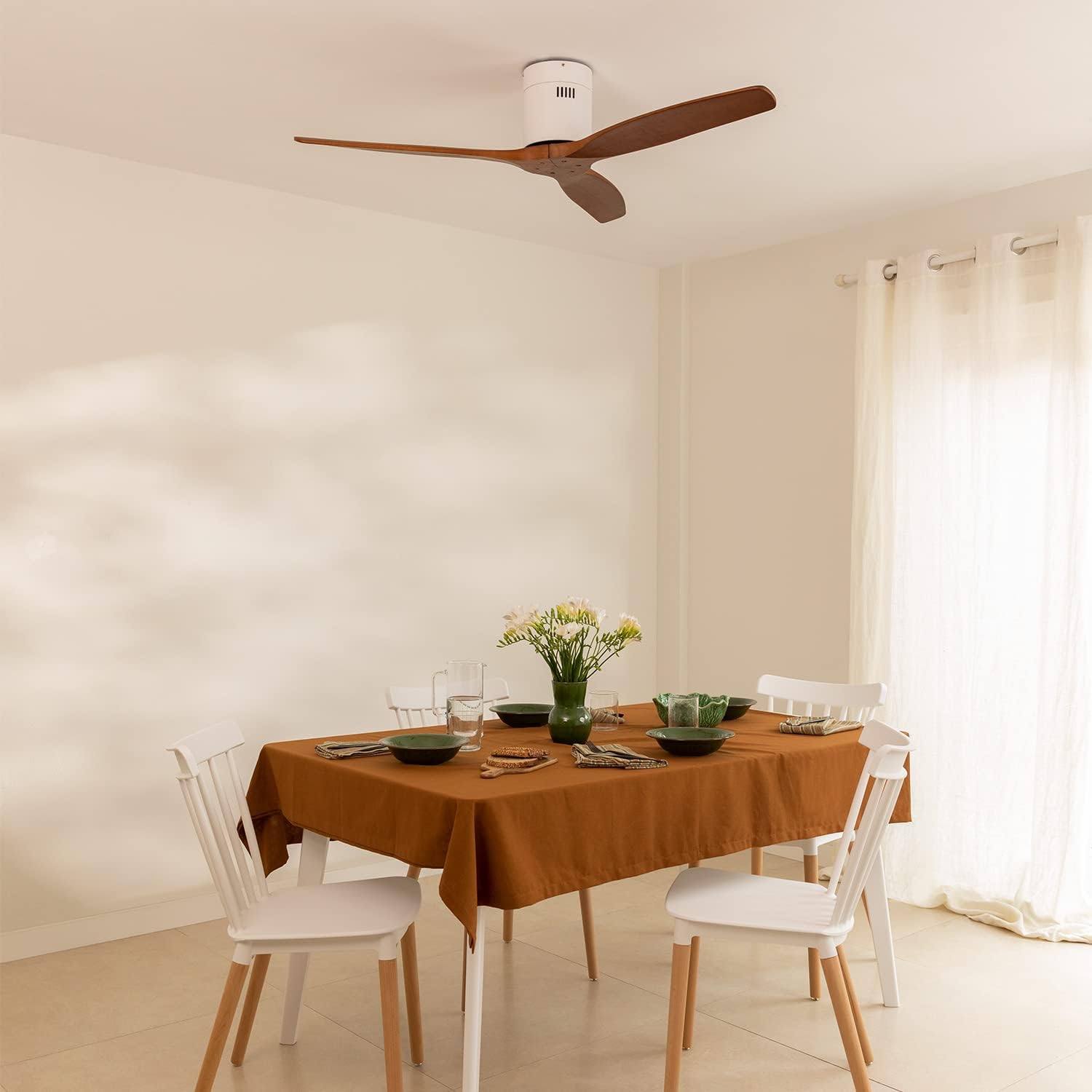 CREATE / WINDCALM M/Ventilateur de plafond ABS avec télécommande blanc pales effet bois foncé / 40W, Silencieux, Ø132 cm, 6 vitesses, minuterie, été-hiver, double hauteur