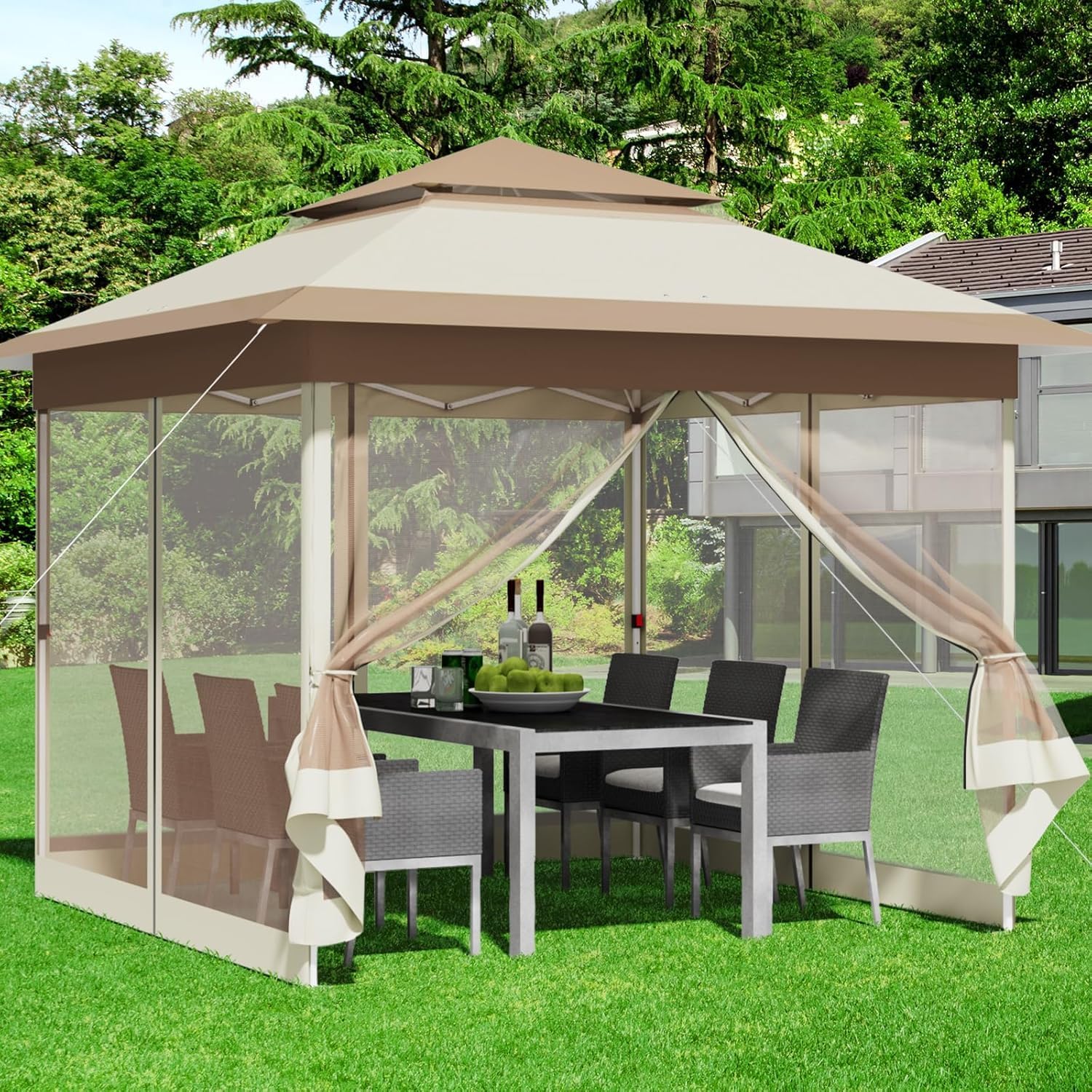 Tonnelle pliante - 3,3x3,3m - imperméable, double toit, moustiquaires
