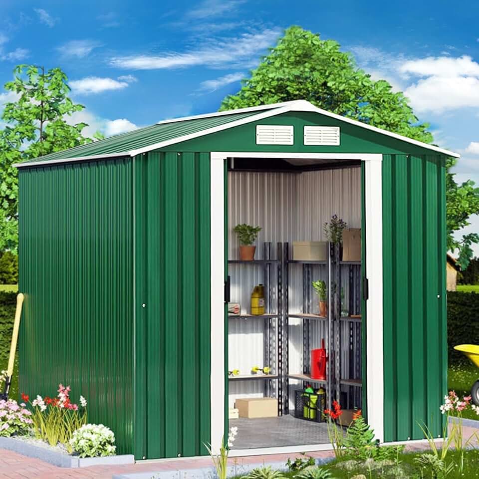 karaca-alisveris Abri de Jardin Métal Extérieur 2.7㎡ Acier Galvanisé avec Fondation, Toit Penché, 4 Persiennes, Double Porte Coulissante, Cabane Jardin Exterieur avec Rampe, pour Vélo, Poubelle, 213x127x185CM