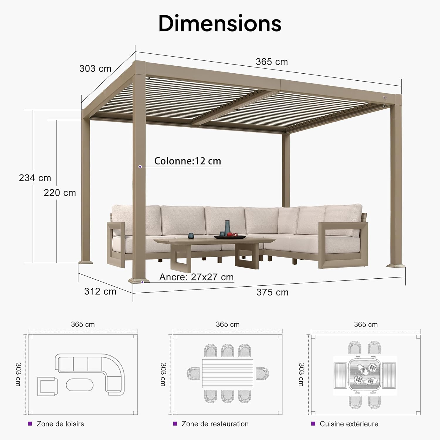 karaca-alisveris - pergola bioclimatique LED - 3x3,65m - alu, lames orientables, étanche