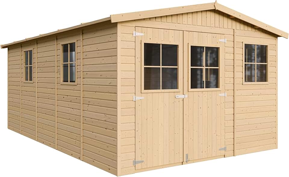 Abri de Jardin en Bois Naturel - Stockage extérieur avec fenêtres- H226x324x516 cm/15 m² Hangar en Bois Naturel - Atelier Rangement Outils et vélos- karaca-alisveris M337