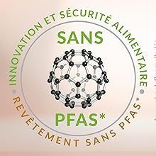 Le texte indique « INNOVATION ET SÉCURITÉ ALIMENTAIRE SANS PFAS+ » et « REJETEMENT SANS PFAS+ » avec un graphique de structure moléculaire circulaire au centre sur fond blanc.