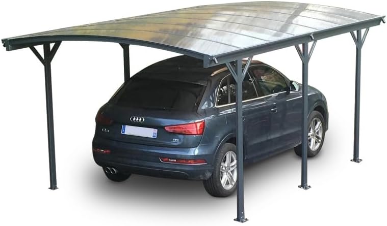 Carport autoportant - aluminium/polycarbonate - 17,28m² - anti-UV, gris, gouttières