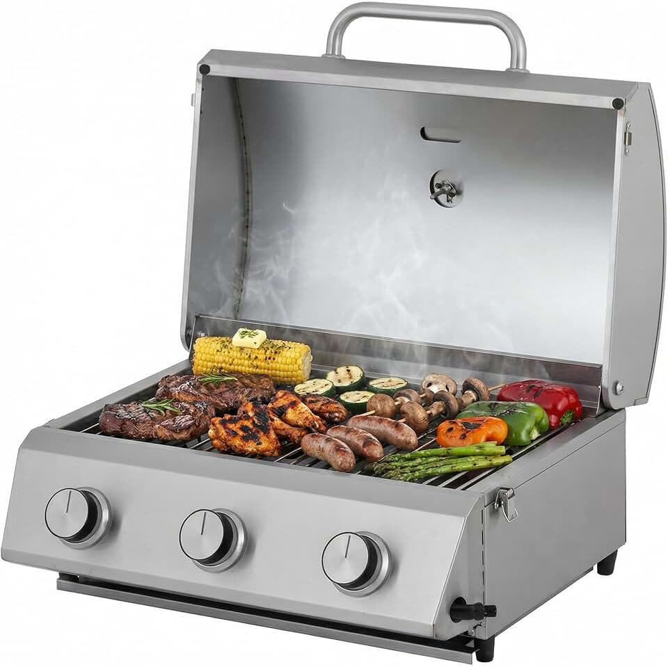 karaca-alisveris - Barbecue à gaz portable - inox - 3 brûleurs, thermomètre, allumage piézo - CATHAN