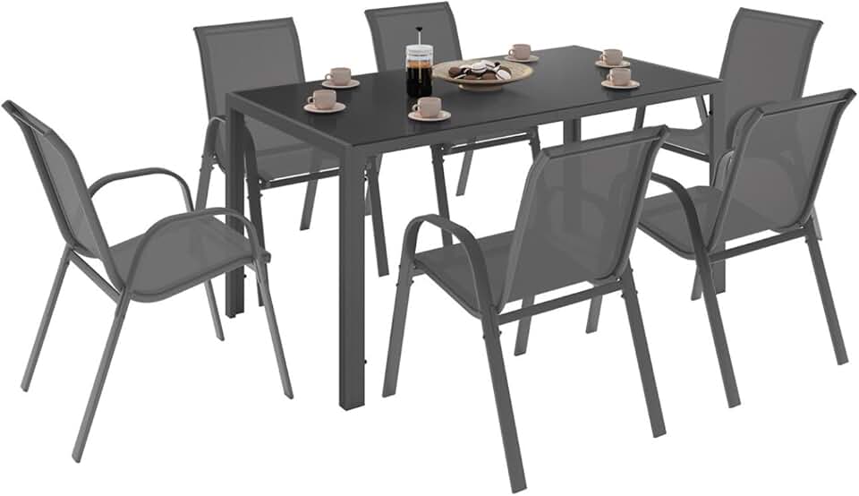 karaca-alisveris - Salon de jardin Madrid 150cm, 6 chaises empilables gris