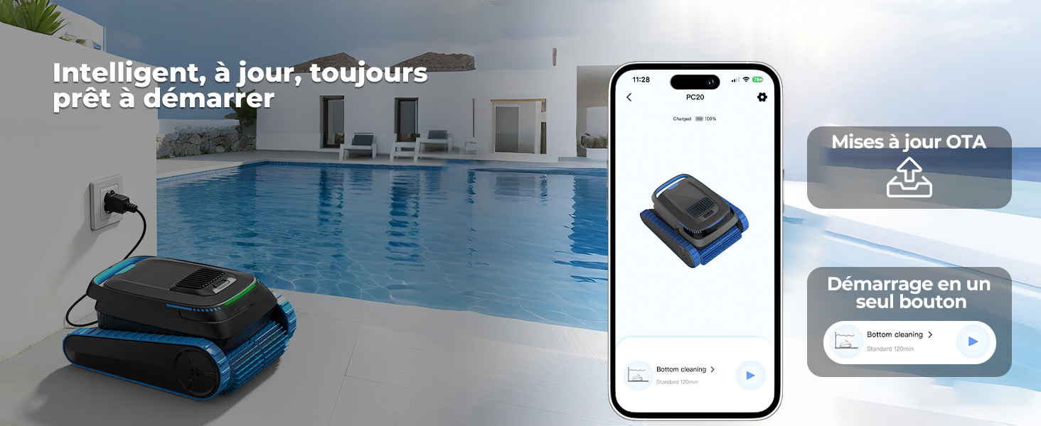 Le texte se lit comme suit : « Intelligent, à jour, tendance plus d'entretien ». Smartphone affichant l'interface de l'application du produit à côté d'un appareil intelligent rectangulaire foncé présenté dans un décor de piscine moderne avec superposition de texte promotionnel en français.