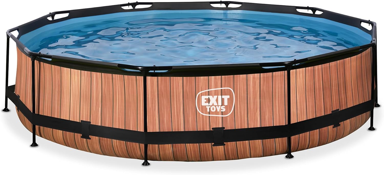 karaca-alisveris Piscine Tubulaire Wood - ø360x76cm - Piscine Hors Sol Ronde Grande avec Pompe Filtrante à Cartouche - Entrée Basse - Idéal pour Les Jeunes Enfants - Cadre Stable - Design Unique - Marron