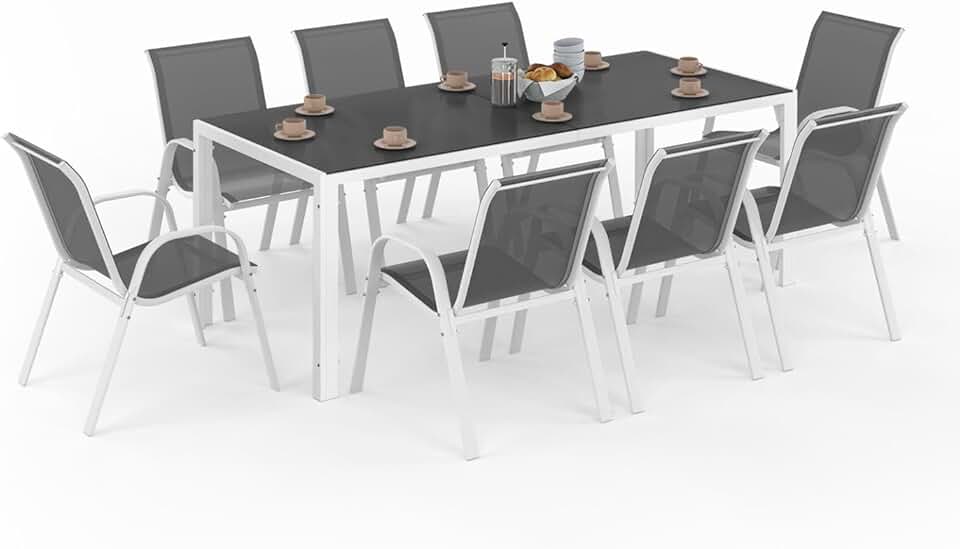 karaca-alisveris - Salon Madrid - table 190 cm + 8 chaises empilables blanc/gris