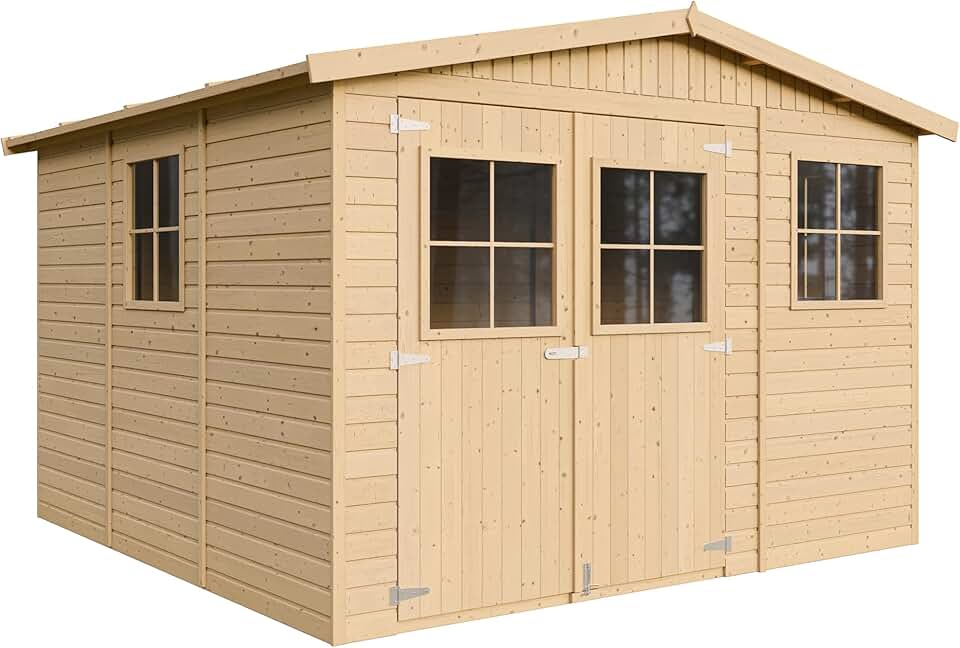 Abri de Jardin en Bois Naturel - Stockage extérieur avec fenêtres- H226x316x324 cm/9 m² Hangar en Bois Naturel - Atelier Rangement Outils et vélos- karaca-alisveris M335