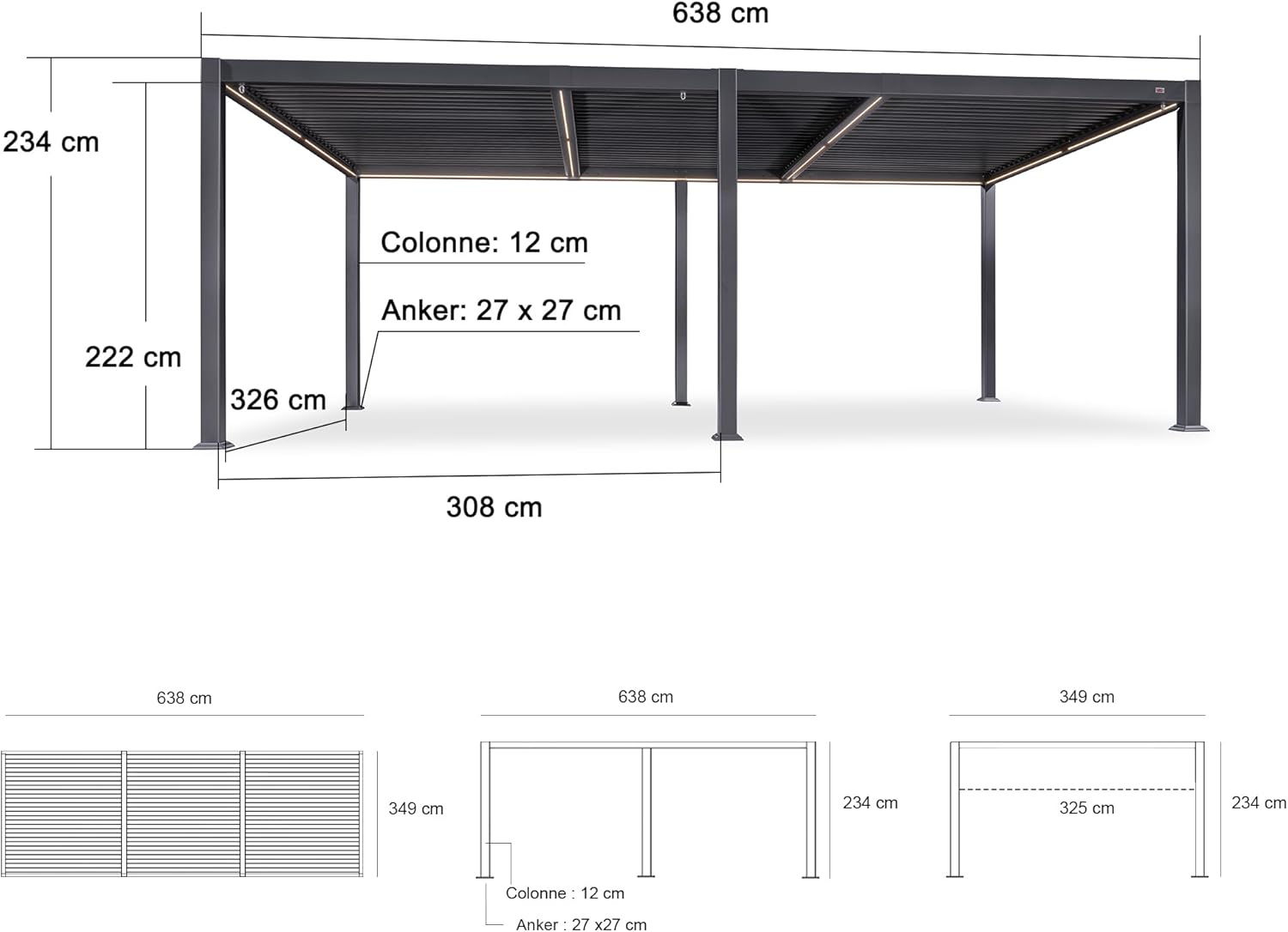 karaca-alisveris - pergola bioclimatique - 3,5x6,35m - lames LED alu gris