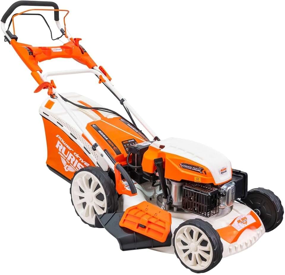 RURIS Tondeuse à Gazon Thermique RX441S 5,7 CV – Largeur 51 cm, Démarrage Électrique, Autopropulsée à Vitesse Variable, 5 Fonctions, 2000 m², Bac 65L, Orange