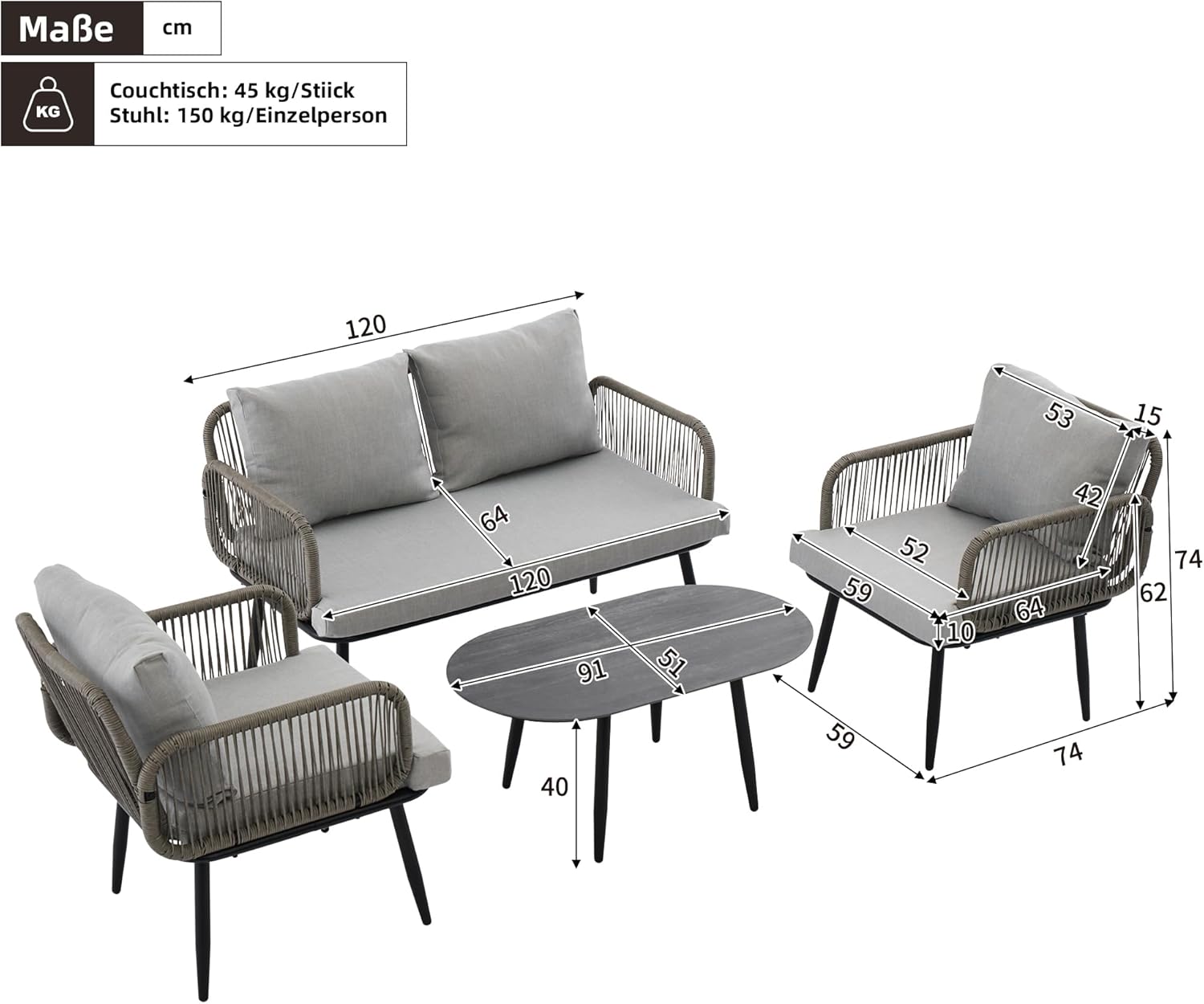 Mobilier de jardin 4 pièces - canapé, fauteuils, table - tressage main, acier galvanisé, plateau imitation bois