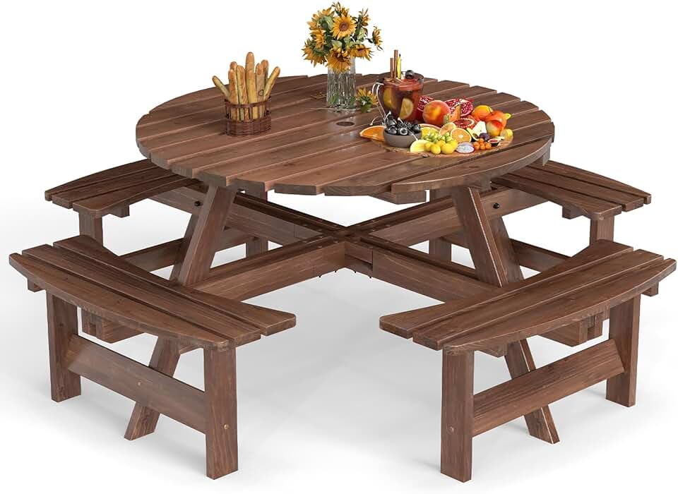 karaca-alisveris - Table pique-nique ronde 8 places - 4 bancs intégrés, parasol 5cm, marron, 100+250kg