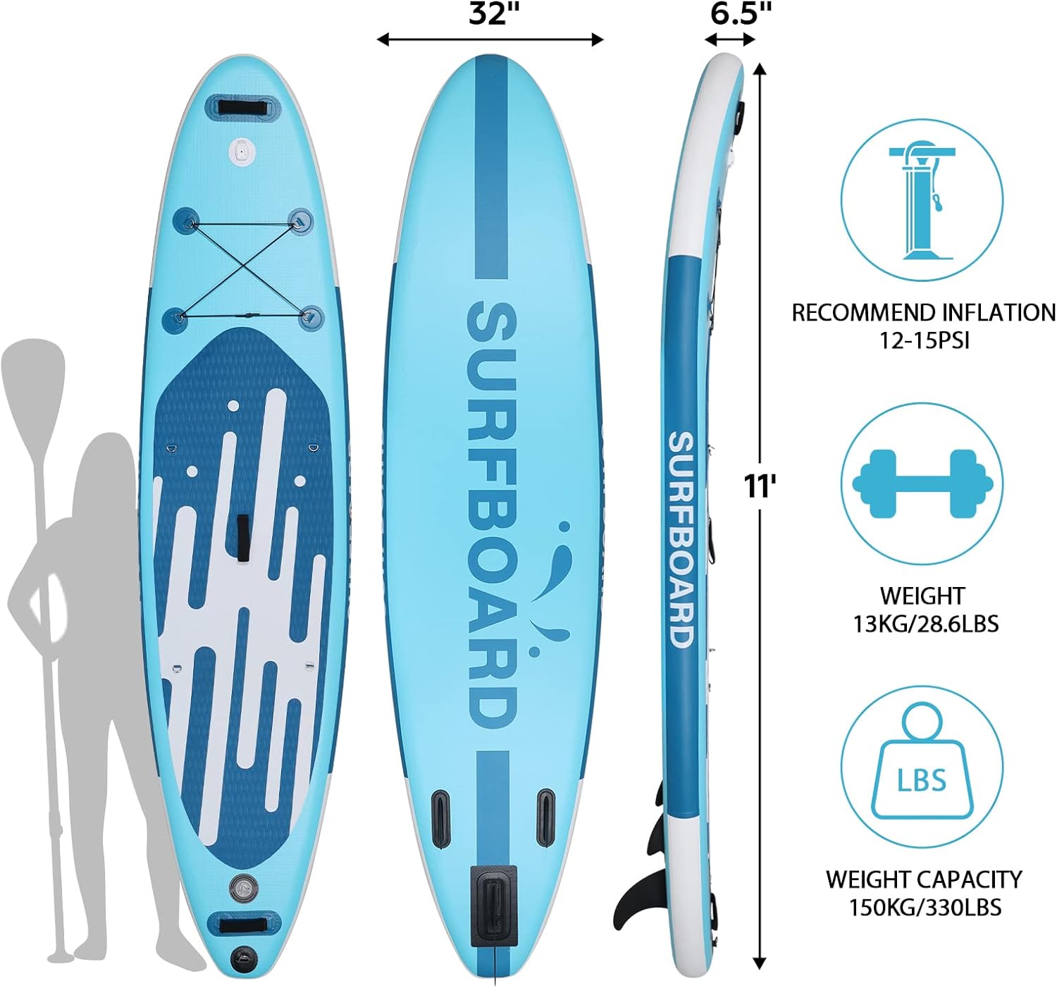 karaca-alisveris - Paddle gonflable adulte - 320/335cm - 2 places, siège kayak, pagaie alu, support caméra, jusqu'à 150kg