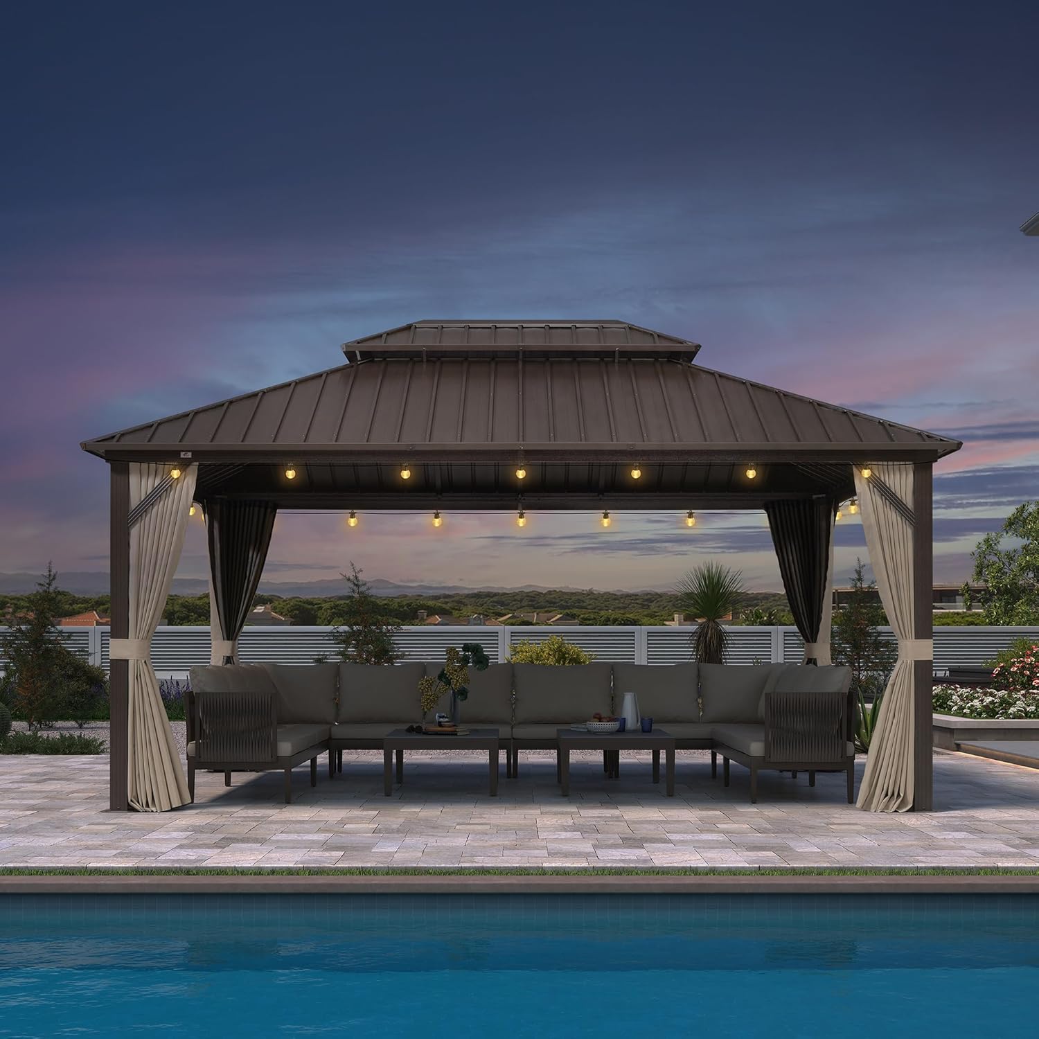 karaca-alisveris - Pergola Toit Rigide - 4,85x3,65m - Aluminium, Rideaux, Guirlande