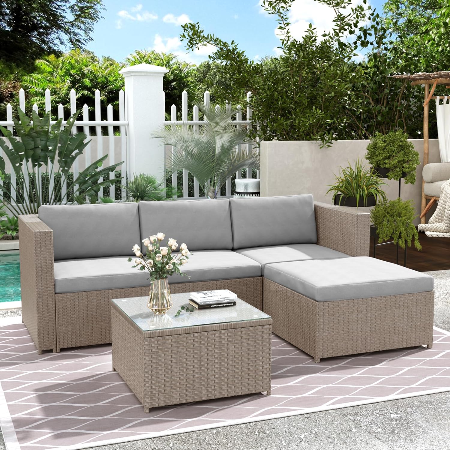 Salon de jardin modulable poly rotin 4 places, coussins, table verre