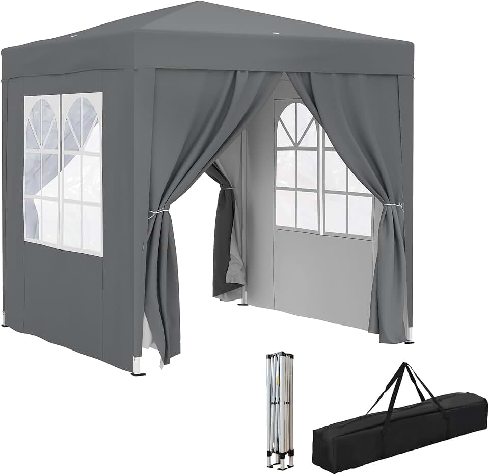 karaca-alisveris Tonnelle de Jardin extérieure 2 x 2 m, tonnelle Pliante Pop-up, réglable en Hauteur, Protection UV, Cadre en Acier, 4 côtés Amovibles, pour Camping, Festival, Plage, Sac de Transport, Gris