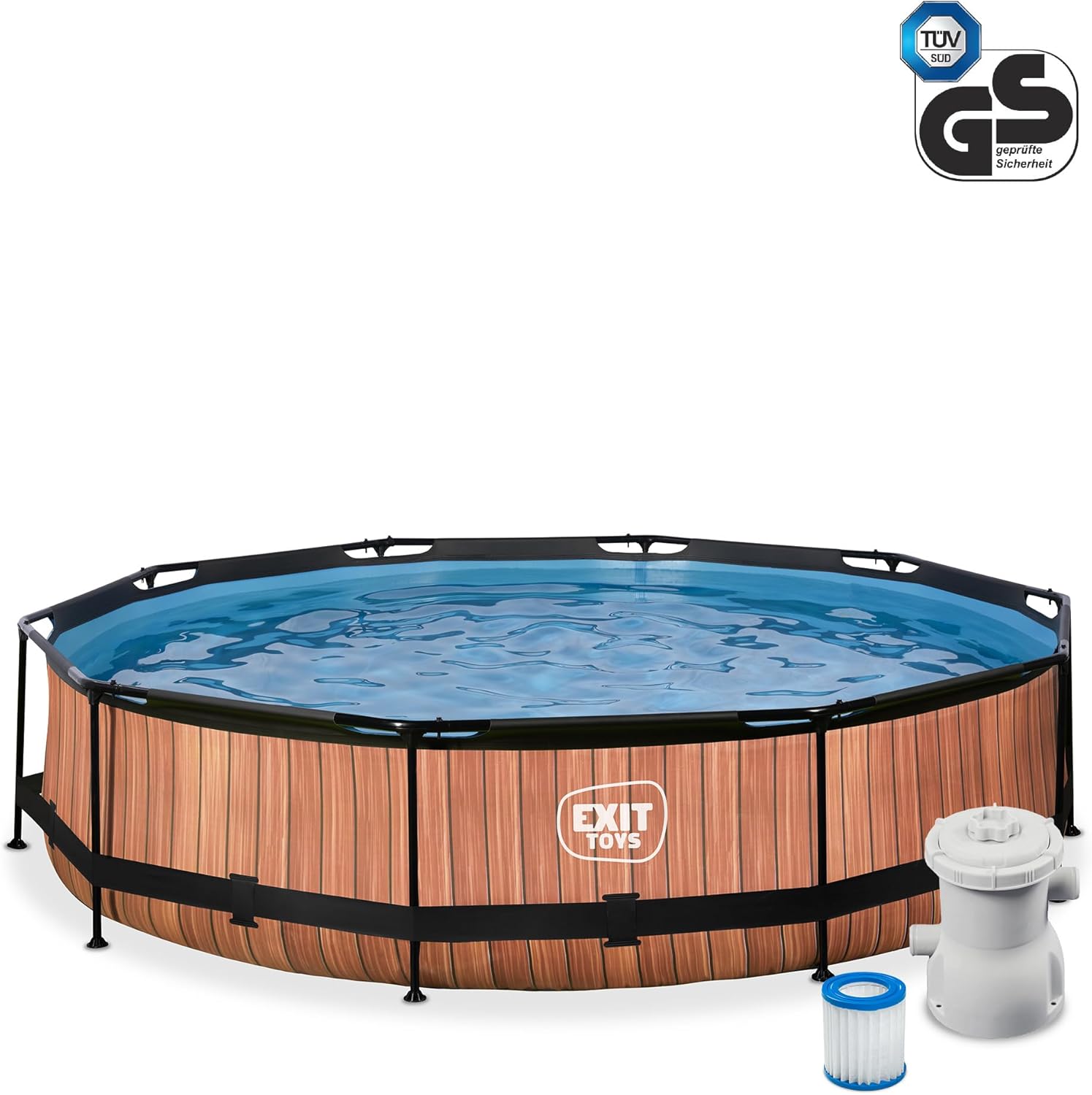 karaca-alisveris Piscine Tubulaire Wood - ø360x76cm - Piscine Hors Sol Ronde Grande avec Pompe Filtrante à Cartouche - Entrée Basse - Idéal pour Les Jeunes Enfants - Cadre Stable - Design Unique - Marron