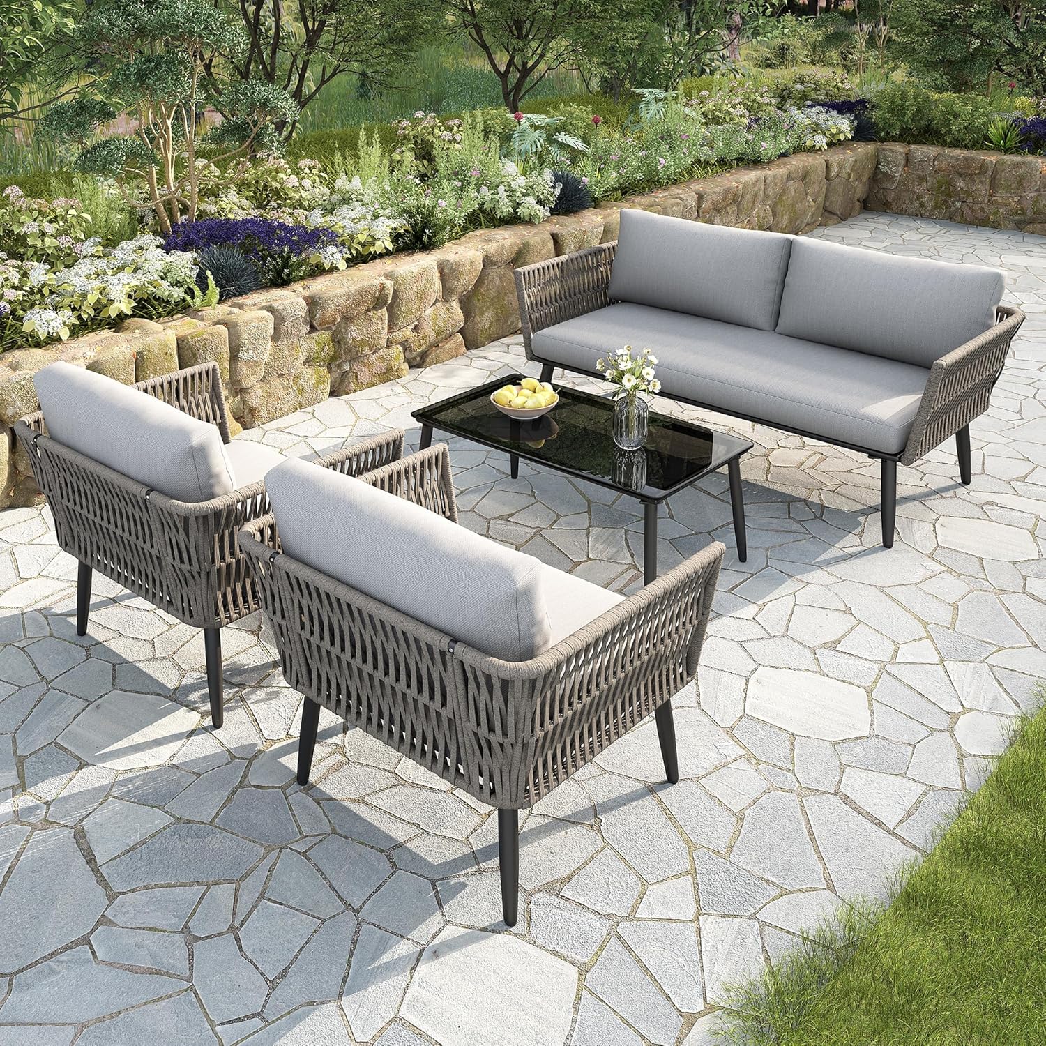 Ensemble de Meubles de jardin 4 places, canapé, fauteuils, table basse, acier, verre, PE tressé