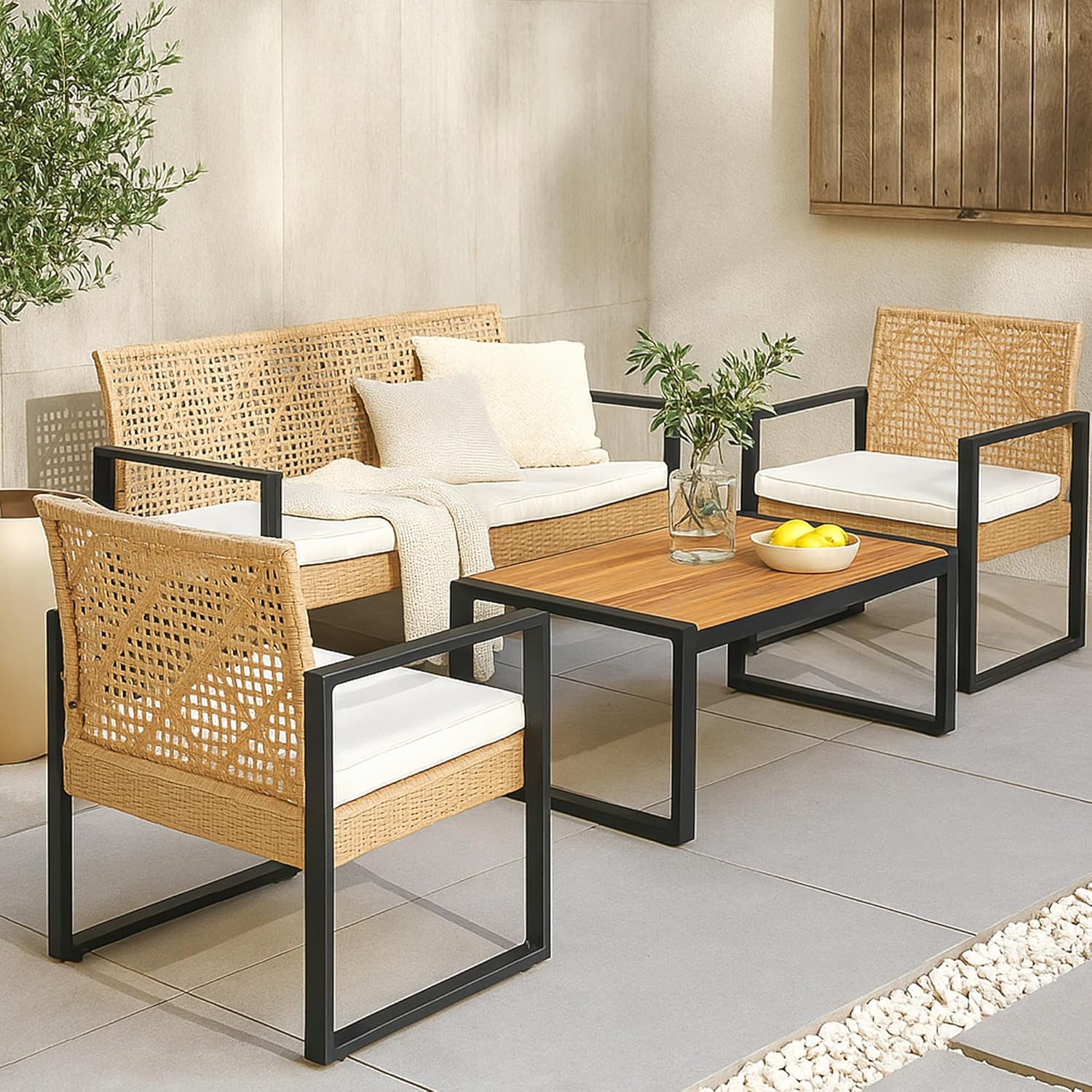 karaca-alisveris - Salon de jardin 4 pièces, acier/acacia, 2 chaises + banc, beige/naturel