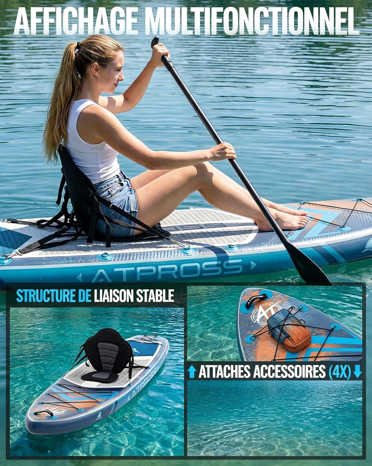 Stand Up Paddle Gonflable Adulte avec Siège Kayak & Accessoires, 320x84cm Planche de Sup Extra Large pour 2 Personnes, Charge 200kg, Kayak Gonflable 2 Places Stable et Antidérapant pour Surf