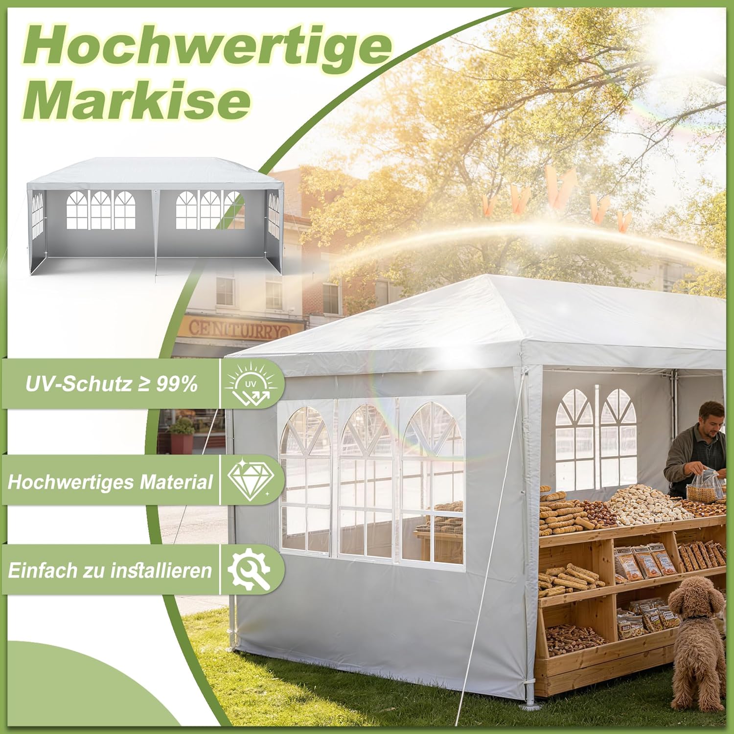 LZQ - Tonnelle de jardin, 3x6m, imperméable, 6 parois, avec fenêtres