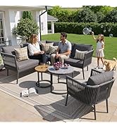 Ensemble Salon de Jardin Exterieur 6 Places, Canapé d'angle Modulable en Corde avec Coussins, Mob...