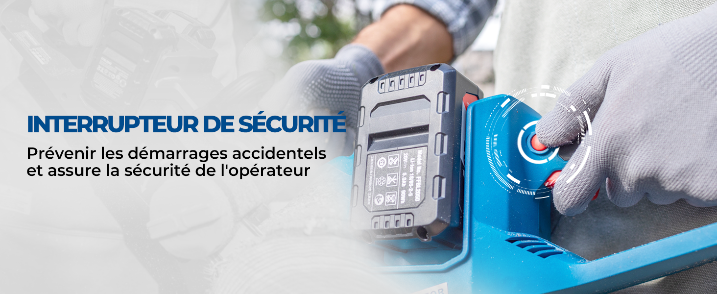 Des mains gantées tiennent un appareil industriel bleu muni d'un interrupteur de sécurité gris. L'interrupteur est doté d'un affichage numérique et de boutons de fonctionnement.