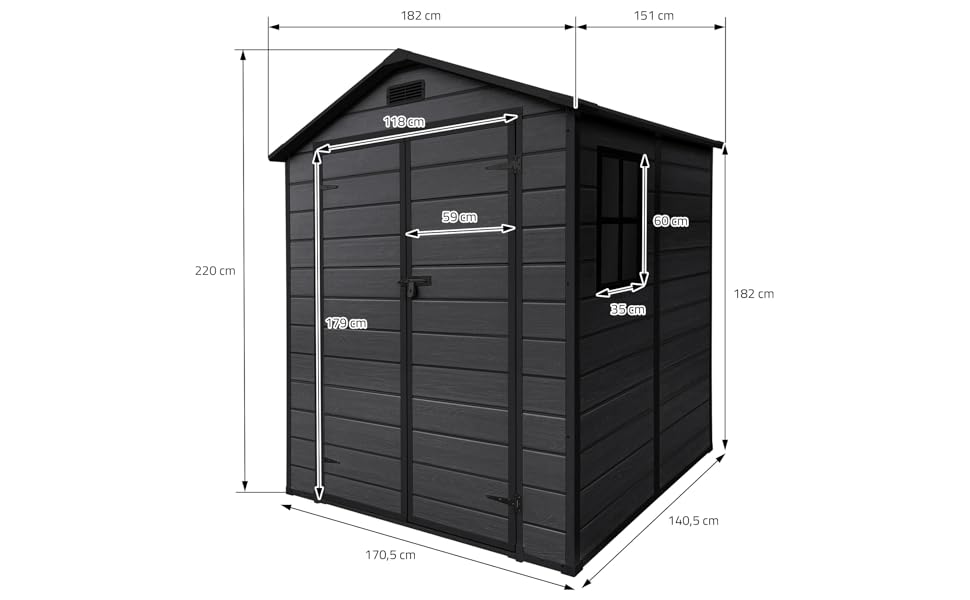 Schéma technique d'un abri de jardin ou d'une unité de stockage noir présenté sous plusieurs angles avec les spécifications de mesure indiquées.