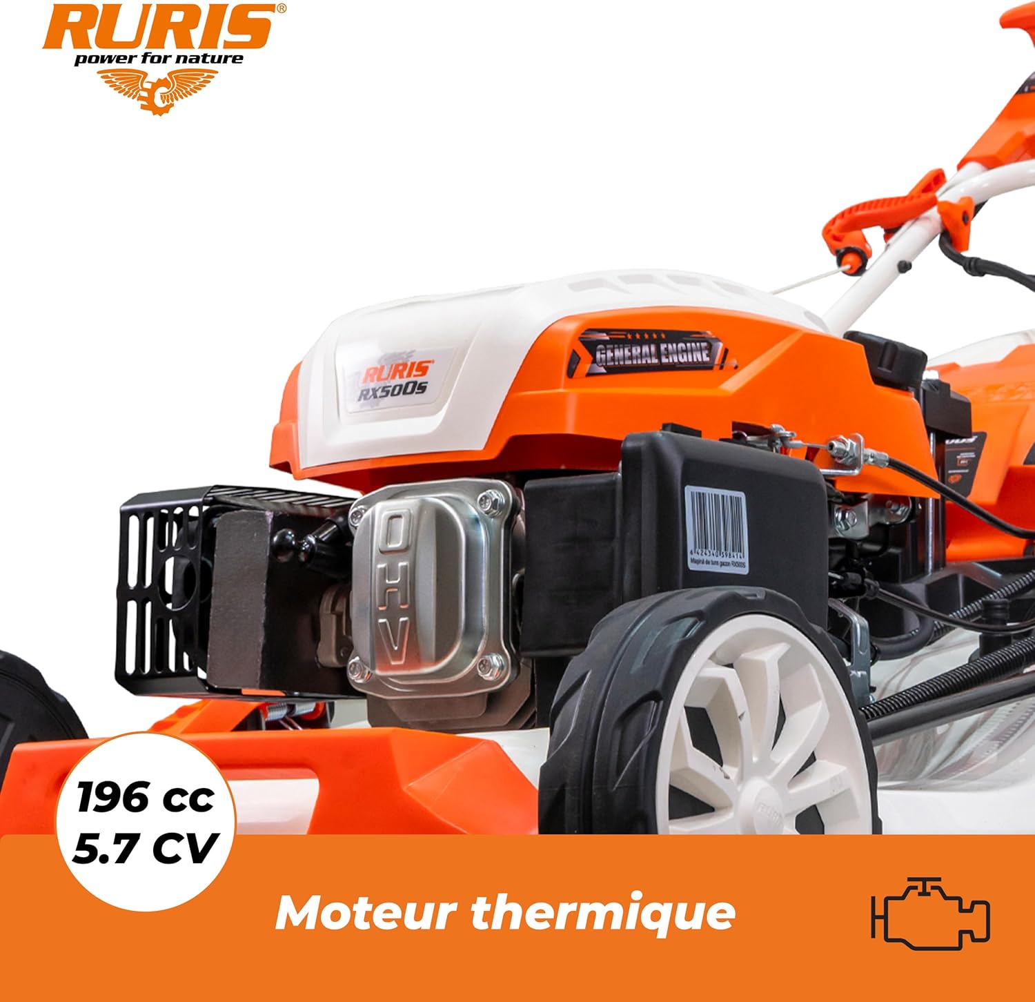 karaca-alisveris Tondeuse à Gazon Thermique 5 en 1 Mulching 5,7 CV 196cc RX500S, Orange