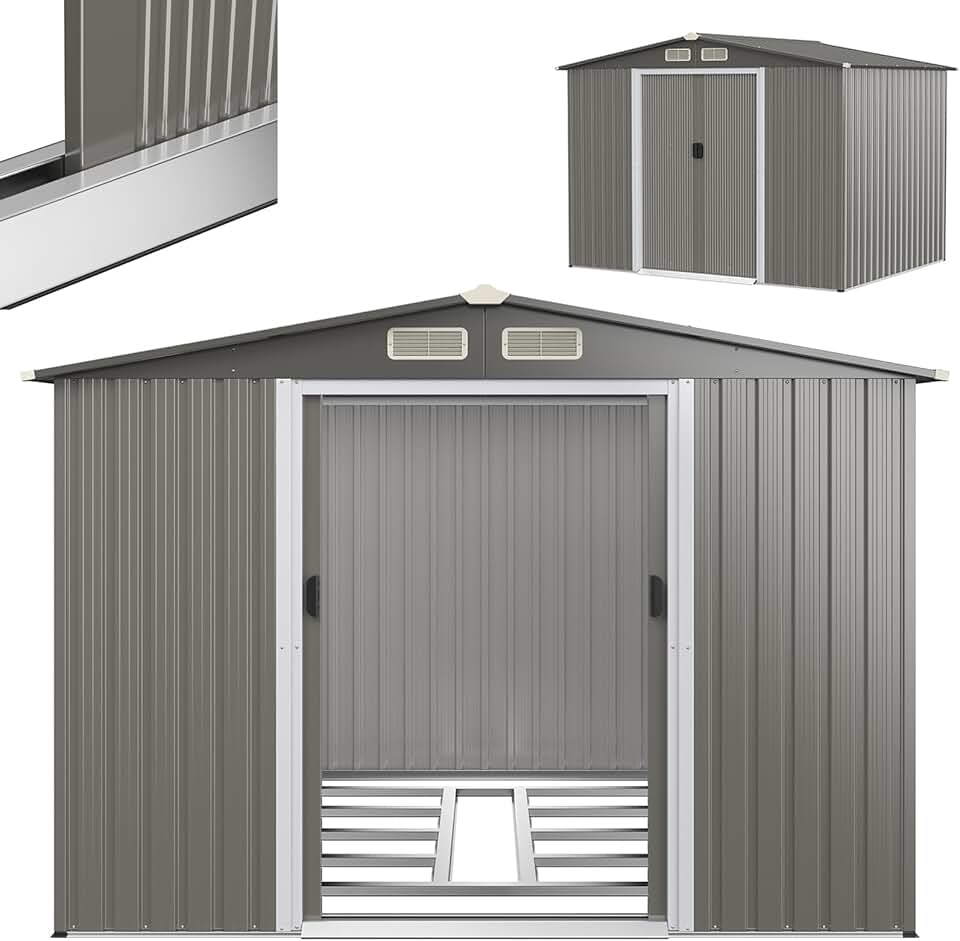 karaca-alisveris Abri de Jardin en Tôle d’Acier Galvanisée avec Fondation et Double Porte Coulissante, Cabane à Outils avec Toit en Appentis et Volets 260X206,5 X 108 CM (Toit Gris foncé)