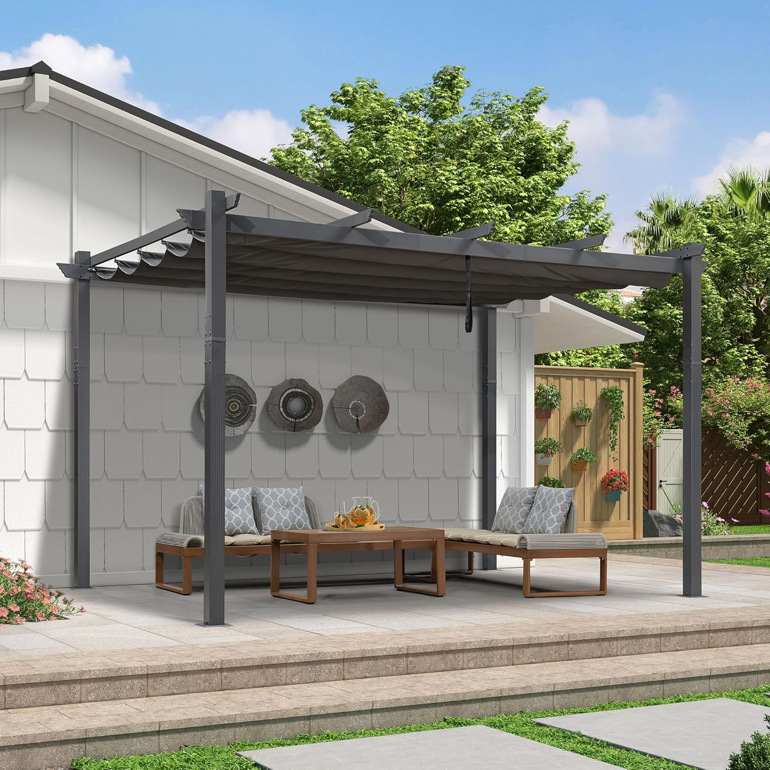 karaca-alisveris - Pergola murale série aluminium 4x2,7m toit coulissant, tissu teint, gris