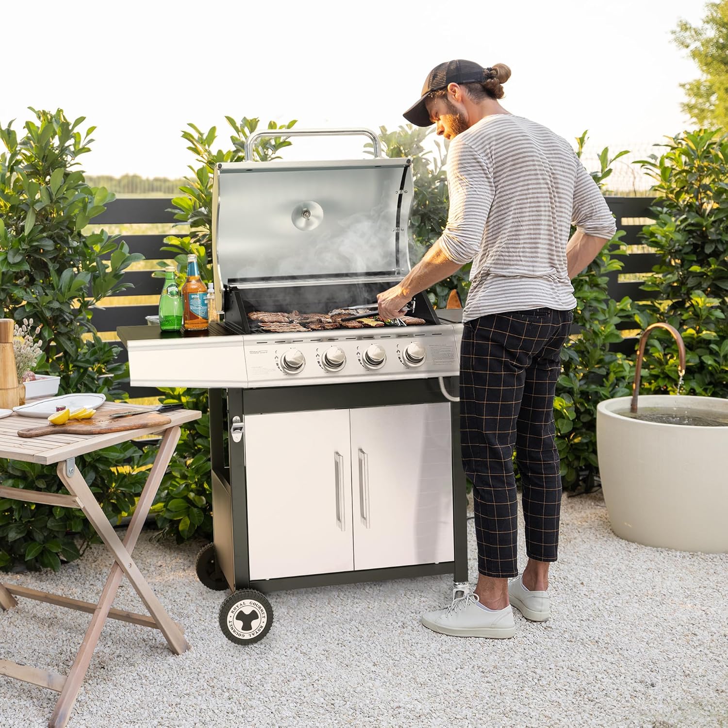 karaca-alisveris - Barbecue Gaz 4+1 brûleurs inox - 14,5kW - 2 portes, thermomètre, roues directionnelles