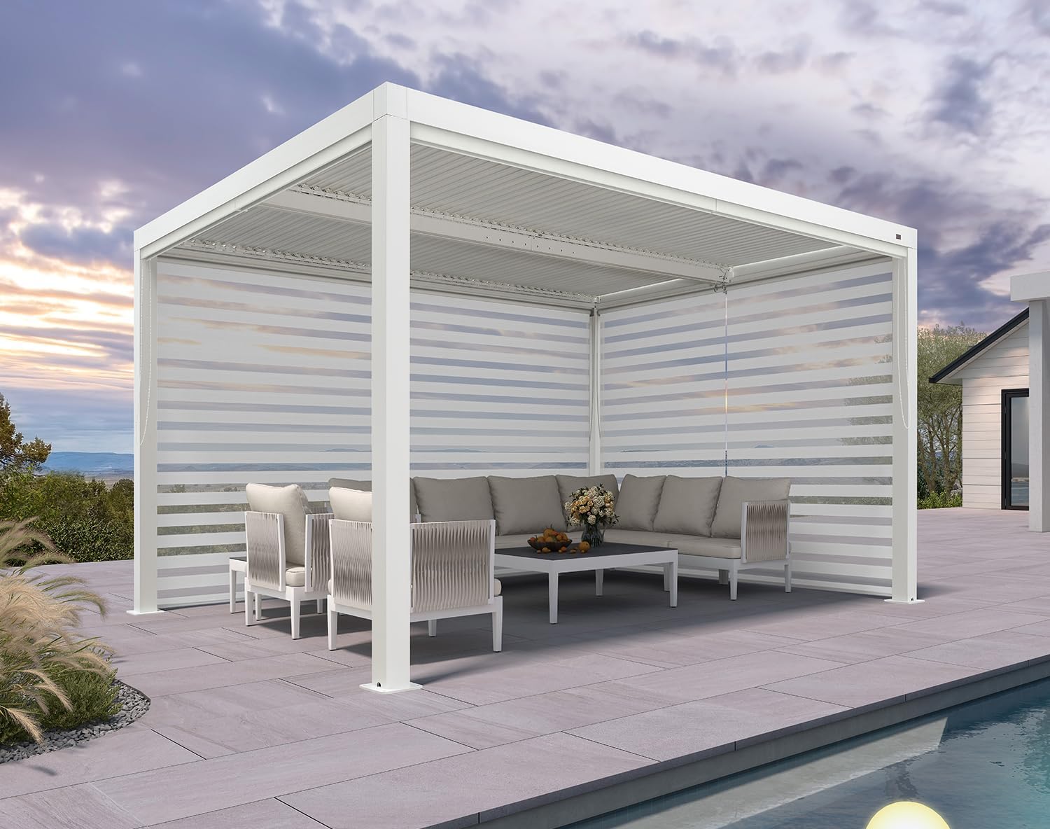 karaca-alisveris - pergola bioclimatique - 4,24x3m - aluminium, stores enrouleurs, lames orientables