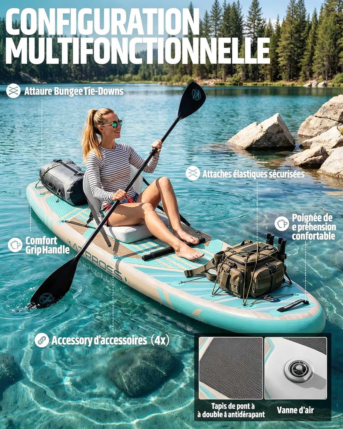 Planche de Paddle Gonflable Adulte avec Siège Kayak & Accessoires, 366x92cm Sup Extra Large & Stable, Charge 240kg, Kayak Gonflable 2 Places pour Yoga, Pêche et Surf