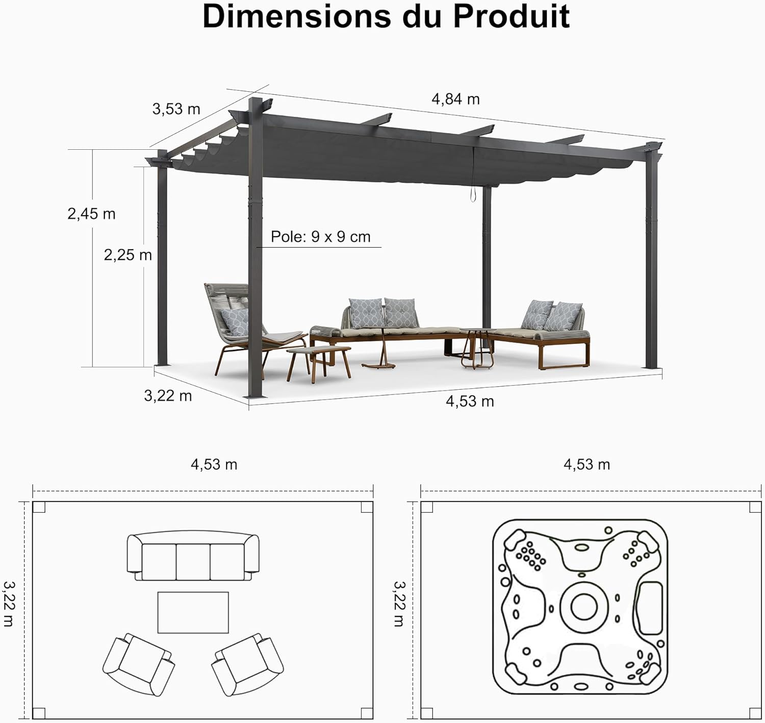 karaca-alisveris - Pergola aluminium - 4,8x3,5m - toit coulissant, tissu teint en fil, gris